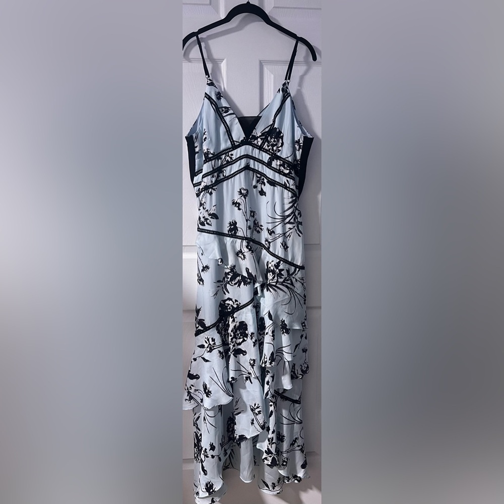 Women's Harlyn Baby Blue And Black Spaghetti Strap Floral High Low Maxi Dress